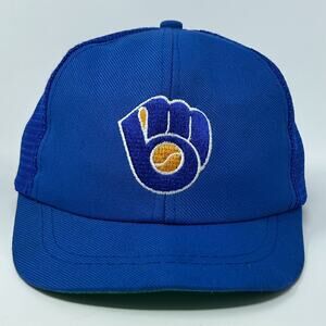 Vintage 80s Milwaukee Brewers Youth Trucker Hat Baseball Cap MLB Snapback Blue